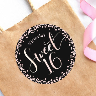 Sweet 16 Black Pink Rose Gold Glitter Dot Birthday Classic Round Sticker