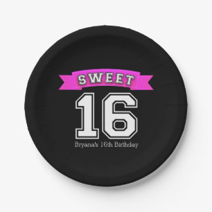 Sweet 16 Black & Pink Sports Birthday Party Paper Plate