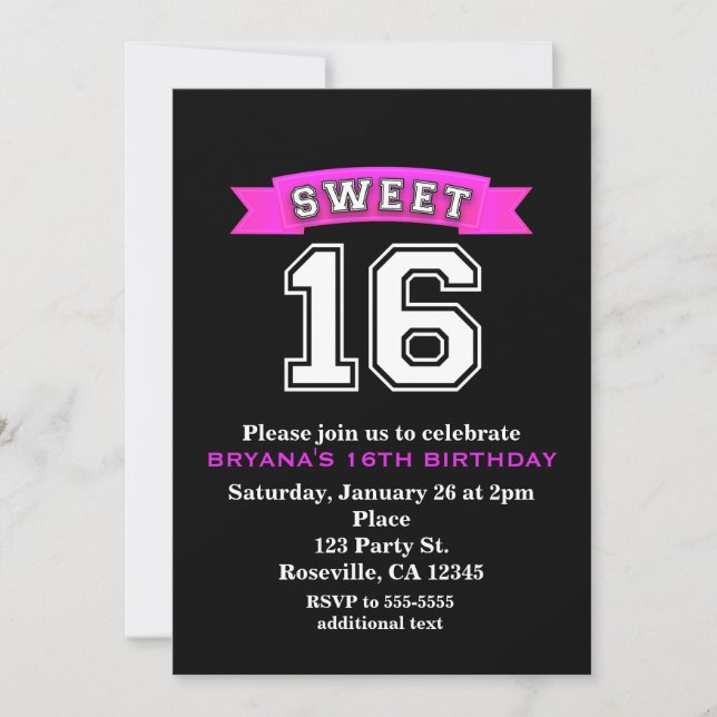 Sweet 16 Black & Pink Sports & Leopard Print Party Invitation (Front)