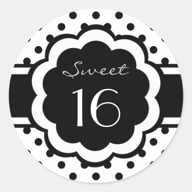 Sweet 16 Black Polka Dot Classic Round Sticker (Front)