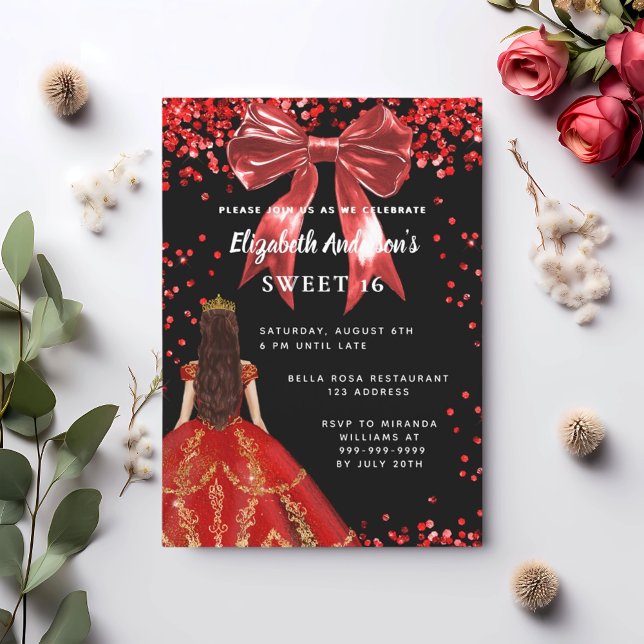 Sweet 16 black red dress bow invitation (Creator Uploaded)
