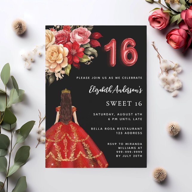 Sweet 16 black red dress florals roses invitation (Creator Uploaded)