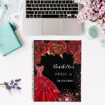 Sweet 16 black red dress flowers 2024 planner<br><div class="desc">A stylish black background decorated with red flowers,  sparkles and a red dress. Personalize and add name,  age and date.</div>