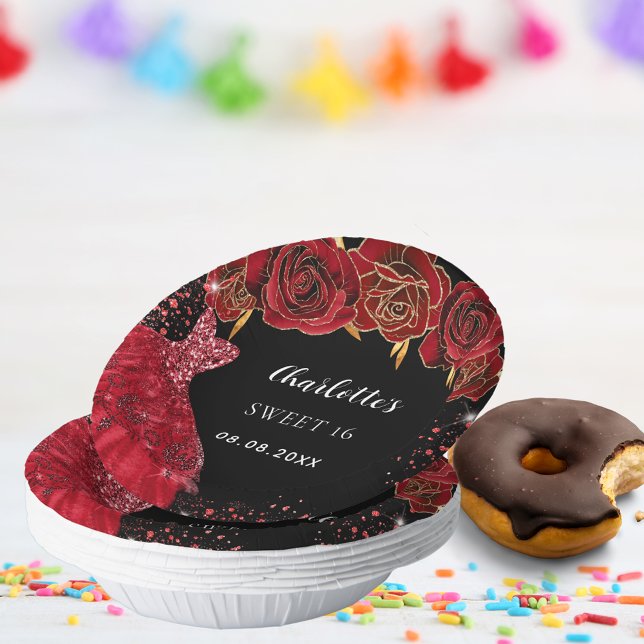 Sweet 16 black red dress flowers paper plate (Creator Uploaded)