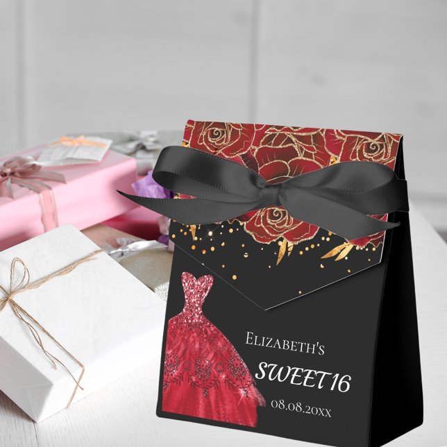 Sweet 16 black red dress flowers thank you favor box (Creator Uploaded)