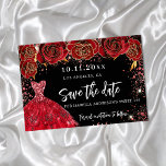 Sweet 16 black red dress save the date announcement postcard<br><div class="desc">A girly and trendy Save the Date for a Sweet 16,  16th birthday party. A black background decorated red roses,  red faux glitter sparkles and a red dress. Personalize and add a date and name/age. The text: Save the Date is written with a large trendy hand lettered style script.</div>