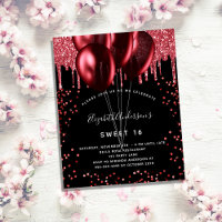 Sweet 16 black red glitter budget invitation