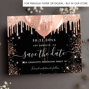 Sweet 16 black rose gold budget save the date flyer