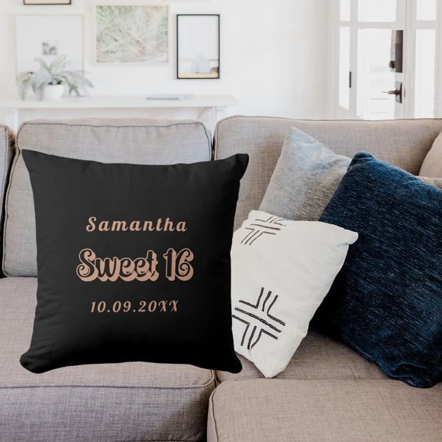 Sweet 16 black rose gold name throw pillow (Creator Uploaded)