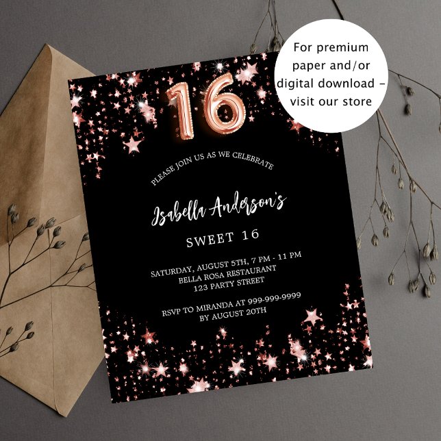 Sweet 16 black rose gold stars budget invitation flyer (Creator Uploaded)
