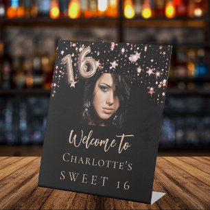 Sweet 16 black rose gold stars photo welcome pedestal sign