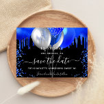 Sweet 16 black royal blue balloons save the date<br><div class="desc">A black background decorated with royal blue drips,  confetti,  and balloons. Personalize and add a date and name/age.  The text: Save the Date is written with a large trendy hand lettered style script.</div>