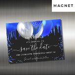 Sweet 16 black royal blue save the date magnet<br><div class="desc">A black background decorated with royal blue drips,  confetti,  and balloons. Personalize and add a date and name/age.  The text: Save the Date is written with a large trendy hand lettered style script.</div>