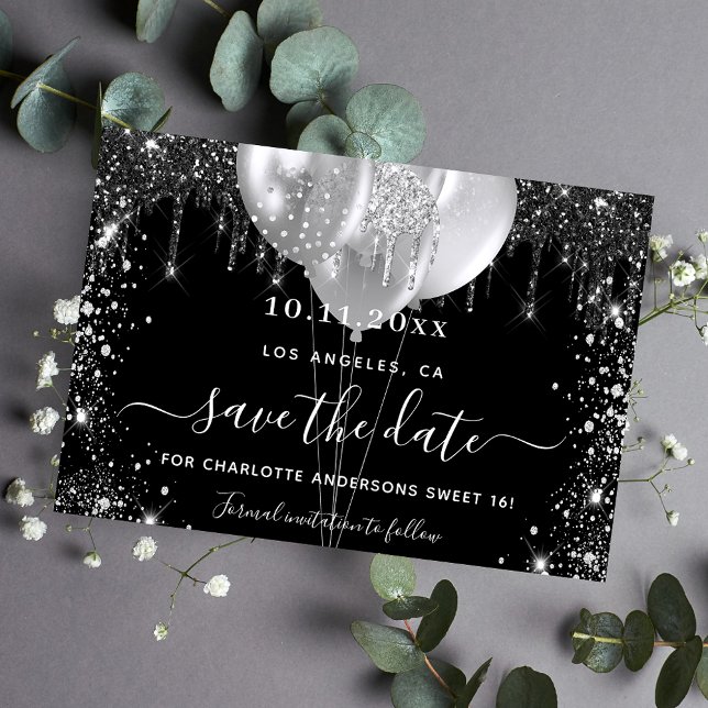 Sweet 16 black silver balloons save the date (Creator Uploaded)