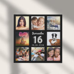 Sweet 16 black silver custom photo collage faux canvas print<br><div class="desc">A unique gift for a girl's Sweet 16, 16th birthday, celebrating her life with a collage of 8 of your own photos, pictures. Personalize and add her name and a date. A chic black background. The name is written with a modern hand lettered style script, number 16 with a faux...</div>
