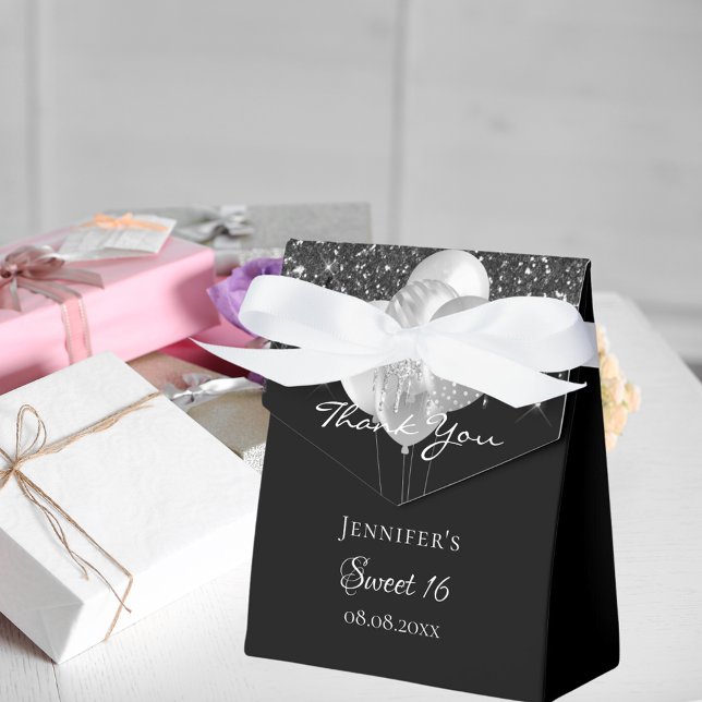 Sweet 16 black silver glitter balloons thank you favor box (Creator Uploaded)