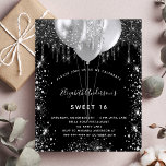 Sweet 16 black silver glitter budget invitation flyer<br><div class="desc">Please note that this invitation is on flyer paper and very thin. Envelopes are not included. For thicker invitations (same design) please visit our store. A stylish black background. Decorated with faux silver glitter and balloons. Personalize and add a name, age and party details. The name is written with a...</div>