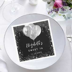 Sweet 16 black silver glitter name balloons napkin
