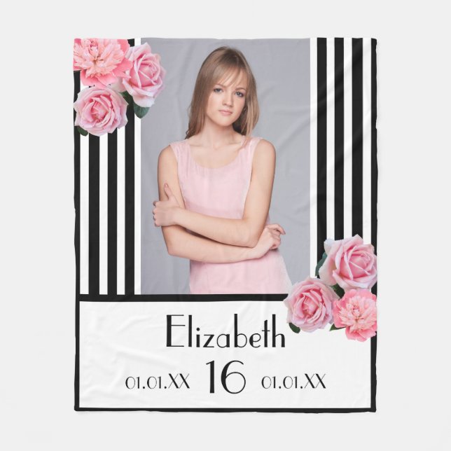 Sweet 16 black stripes pink floral photo fleece blanket (Front)