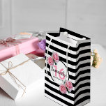 Sweet 16 black stripes pink florals name small gift bag<br><div class="desc">Classic slim black and white horizontal stripes as background. With girly, feminine and romantic pink roses as decoration. Perfect for an elegant 16th birthday party for her. A white and black frame with templates for name, age and a date. Age number 16 in pink, name and date in black. The...</div>