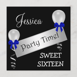 Sweet 16 Black White Silver Blue Bows Balloons Invitation