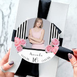 Sweet 16 black white stripes flowers photo classic round sticker<br><div class="desc">Elegant, glamourous and feminine for a girl's 16th birthday party. Classic and chic slim black and white vertical stripes. Decorated with pink flowers, peonies and roses. Templates for a name, age 16 , date of birth and the date of the anniversary. Template for your own vertical sized photo. Girly and...</div>