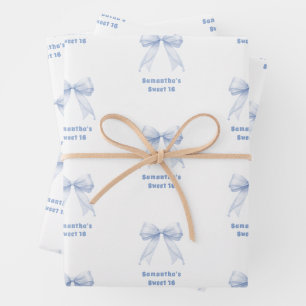 Sweet 16 blue bow white wrapping paper sheet