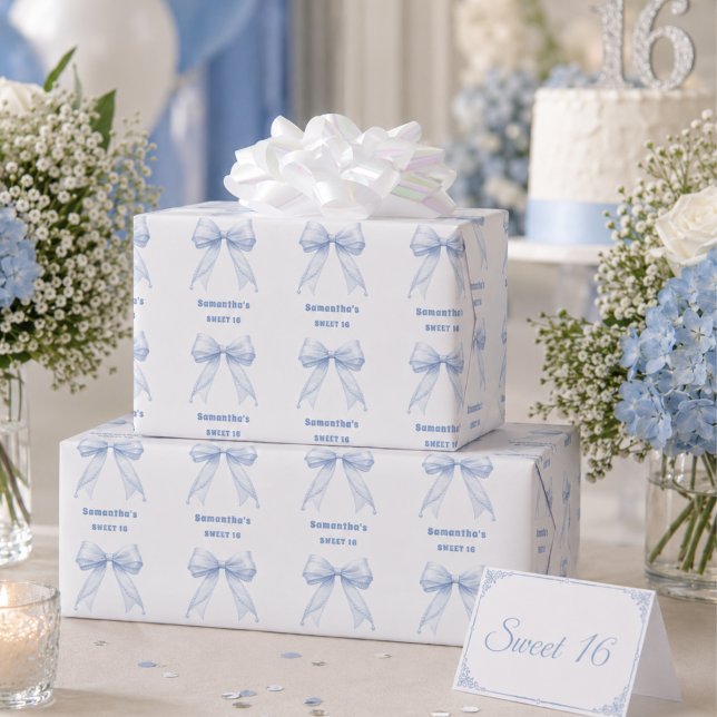 Sweet 16 blue bow white wrapping paper sheet (Creator Uploaded)