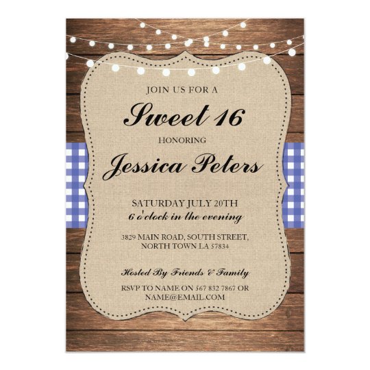 Sweet 16 Blue Check Lights Rustic Wood Invitation
