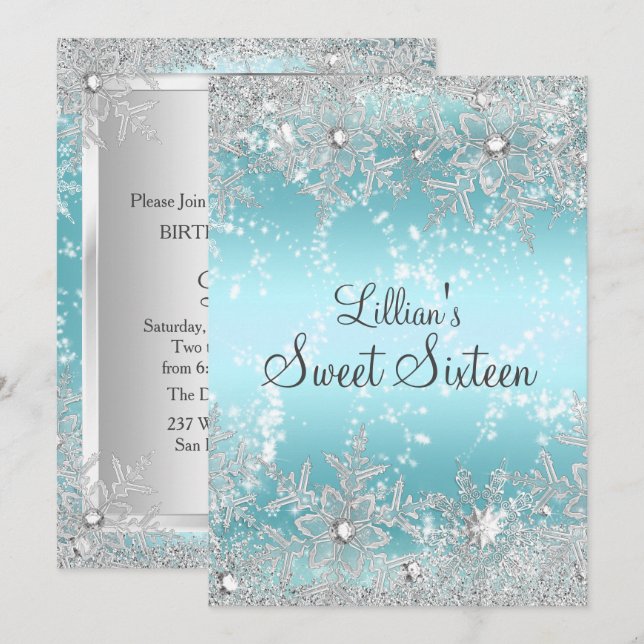 Sweet 16 Blue Diamond Snowflake Winter Wonderland Invitation (Front/Back)