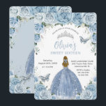 Sweet 16 Blue Floral Silver Butterflies Blonde Invitation<br><div class="desc">Personalize this lovely birthday invitation with own wording easily and quickly,  simply press the customize it button to further re-arrange and format the style and placement of the text.  Matching items available in store!  (c) The Happy Cat Studio</div>