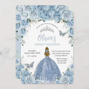 Sweet 16 Blue Floral Silver Butterflies Blonde Invitation