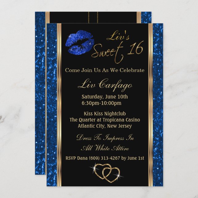 Sweet 16 Blue Glitter Invitation (Front/Back)