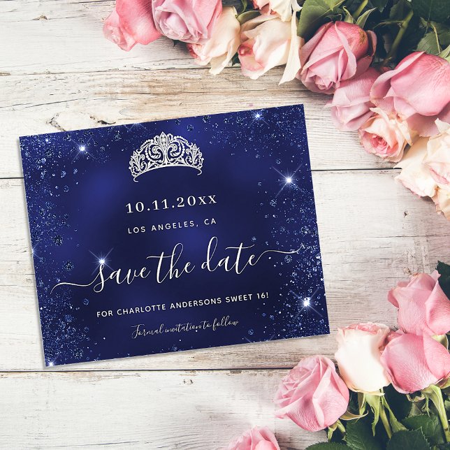 Sweet 16 blue glitter save date card (Creator Uploaded)