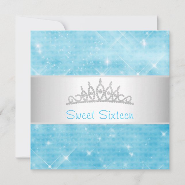 Sweet 16 Blue Glitter Silver Jewel Tiara Party 16 Invitation (Front)