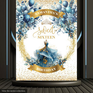 Sweet 16 Blue Gold Watercolor Sparkle Backdrop Tapestry