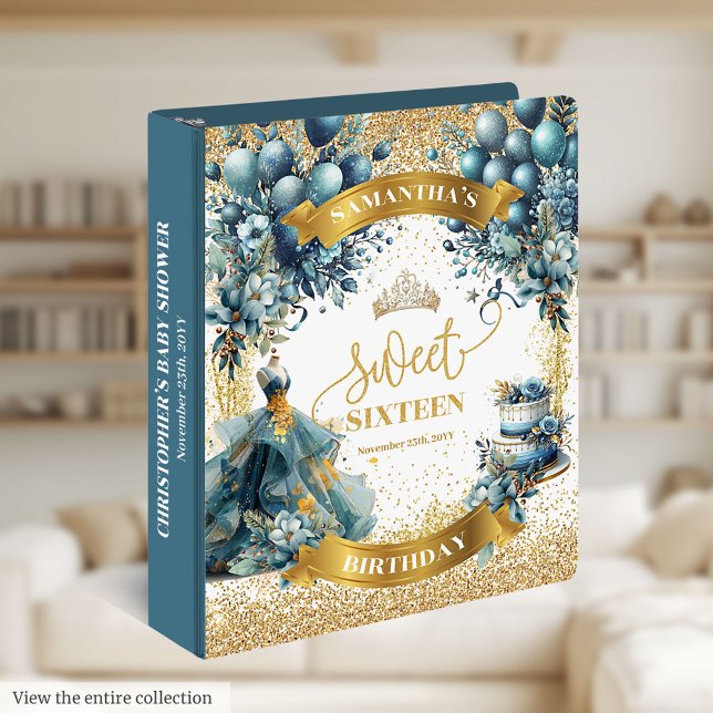 Sweet 16 Blue Gold Watercolor Sparkle Memory   Binder (Sweet 16 Blue Gold Watercolor Sparkle Memory 3 ring binder)