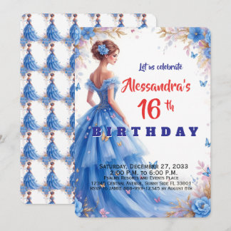 Sweet 16 Blue Gown Floral Elegant Girl's Birthday  Invitation