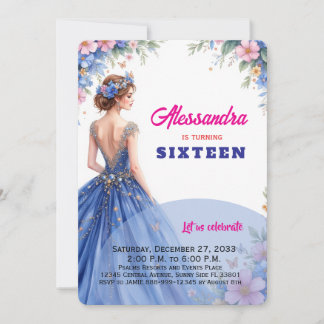 Sweet 16 Blue Gown Floral Elegant Girl's Birthday  Invitation