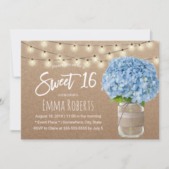 Sweet 16 Blue Hydrangea String Lights Rustic Kraft Invitation (Front)