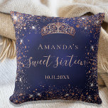 Sweet 16 blue rose gold tiara name script throw pillow<br><div class="desc">For an elegant Sweet 16,  16th birthday.  A stylish blue background colour,  the blue colour is uneven. Decorated with rose gold faux glitter dust,  a tiara crown. Personalize and add a name and a date. Sweet sixteen is written with a modern hand lettered style script with swashes.</div>