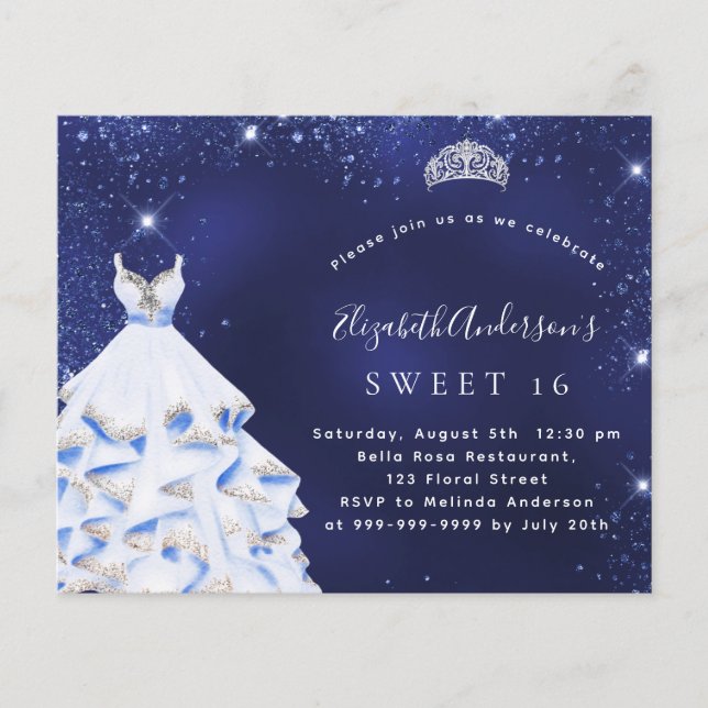 Sweet 16 blue silver dress budget invitation (Front)