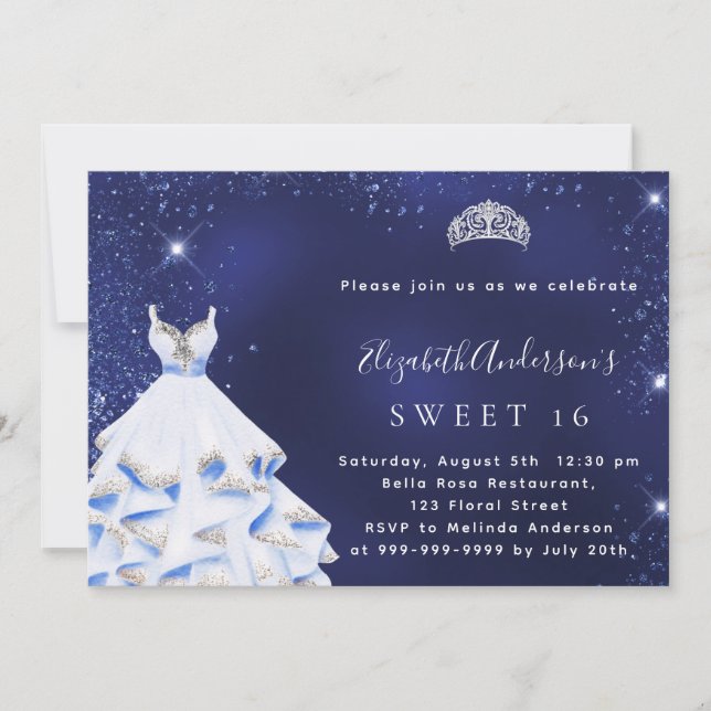 Sweet 16 blue silver glitter dress tiara invitation (Front)