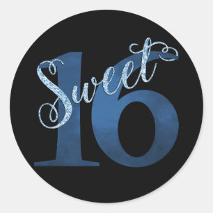 Sweet 16   Blue Watercolor and Faux Glitter Party Classic Round Sticker