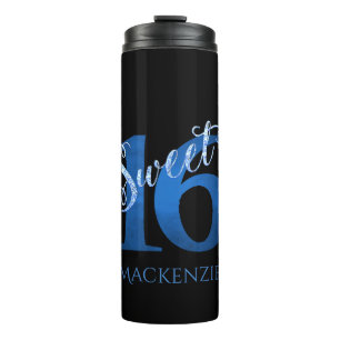 Sweet 16   Blue Watercolor and Faux Glitter Party Thermal Tumbler