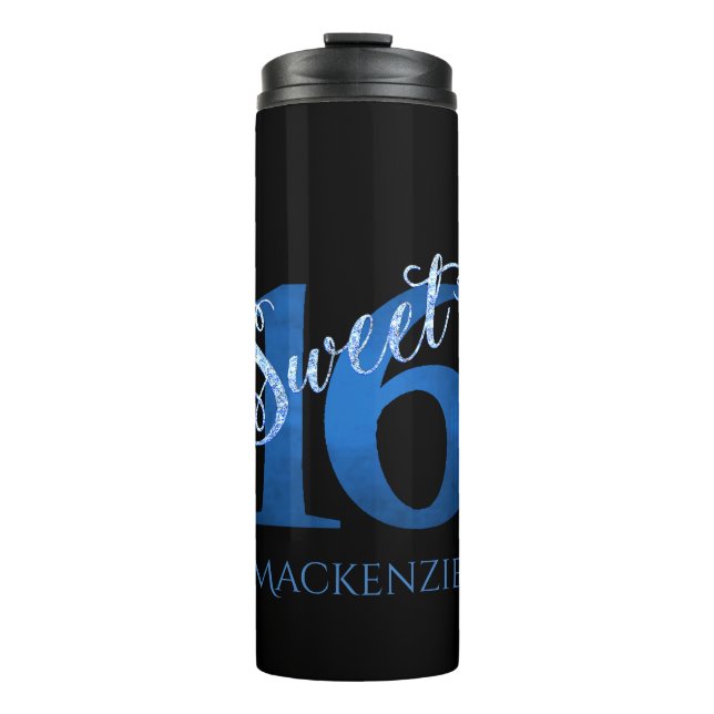 Sweet 16 | Blue Watercolor and Faux Glitter Party Thermal Tumbler (Front)