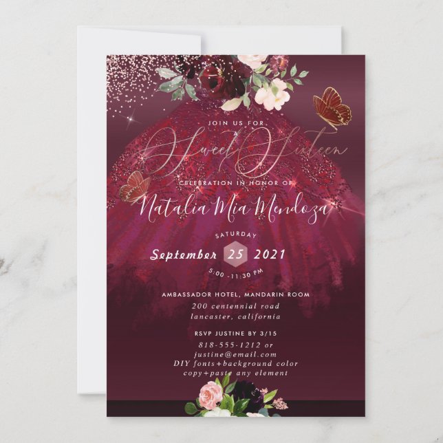 Sweet 16 Blush Burgundy Watercolor Flowers Invitat Invitation (Back)