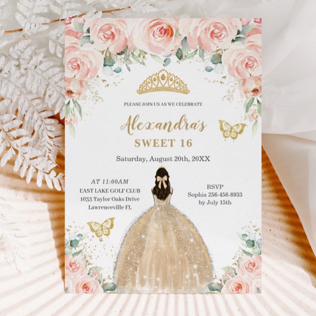 Sweet 16 Blush Floral Champagne Dress Princess Invitation (blush pink floral champagne dress princess butterflies sweet sixteen 16th birthday invitation cards )