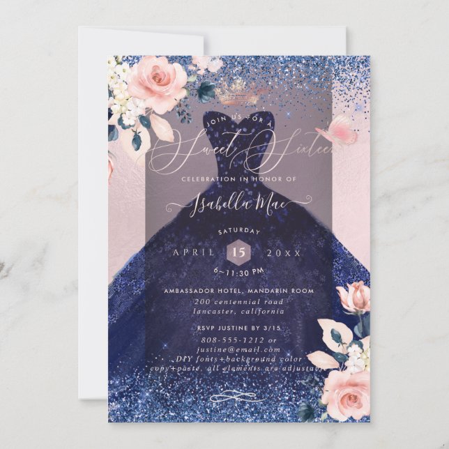 Sweet 16 Blush Floral Navy Blue Glitter Gown Invitation (Back)