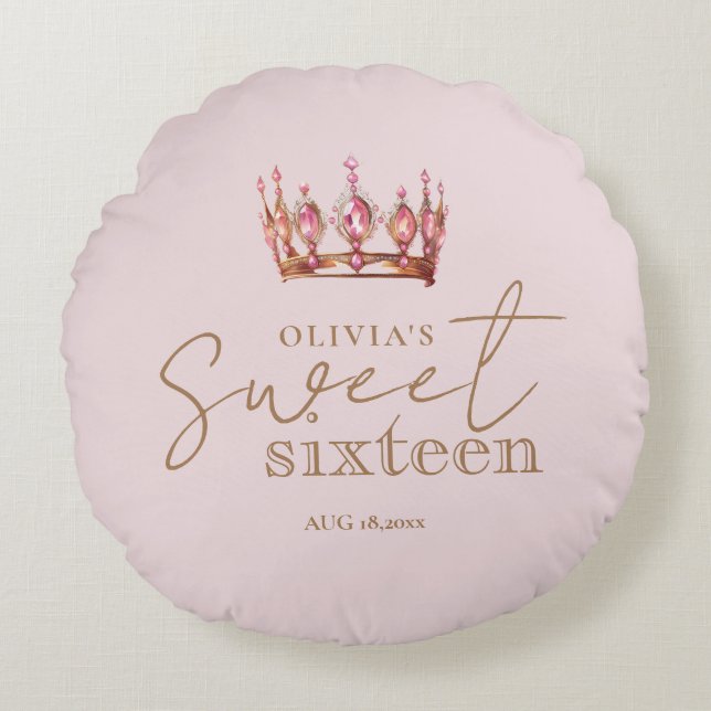 Sweet 16 Blush Pink and Gold Birthday Round Pillow (Front)